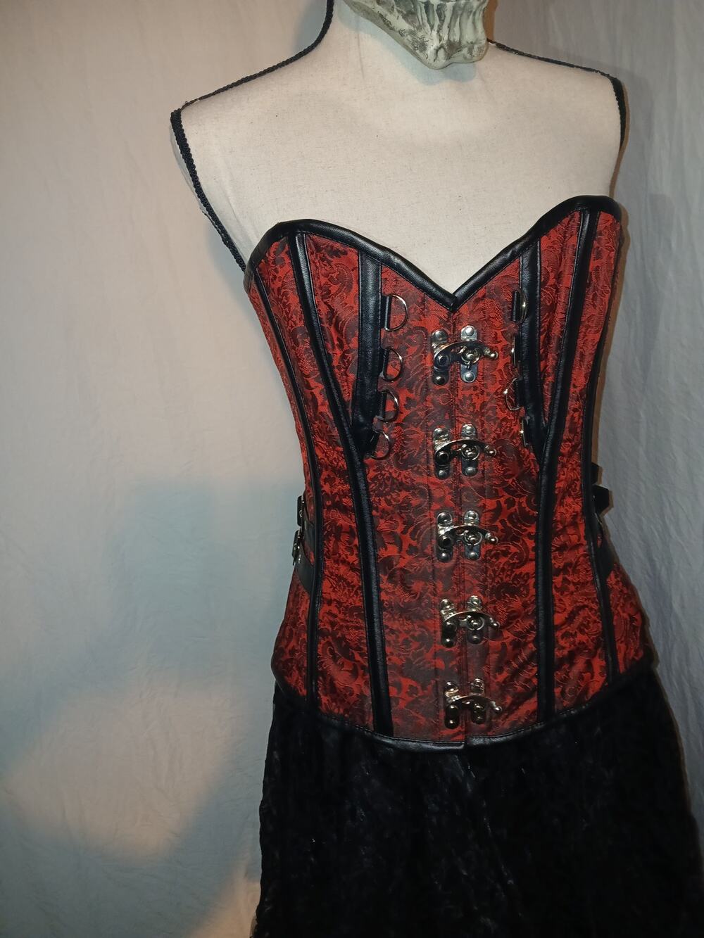 Red & Black Brocade Gothic Steampunk Lace-Up Corset Top Size M